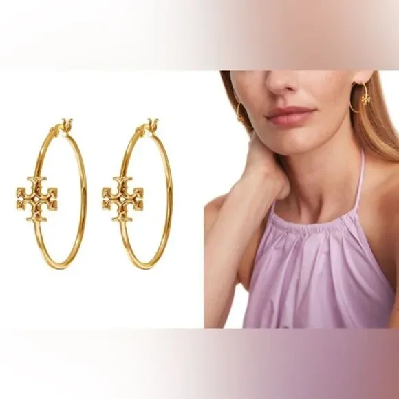 TORY BURCH ELEANOR HOOPS 18K GOLD PLATED - Picture 2 of 4